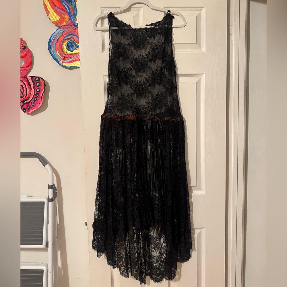 Elegant 1960s Hoop Waist Black Lace Slip Dress
